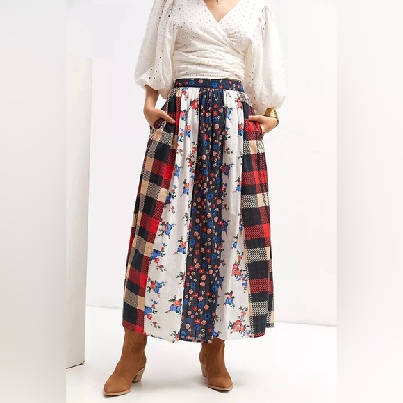 Anthropologie Dresses & Skirts - Anthropologie Let Me Be Contrast Maxi Skirt Plaid Patchwork Large